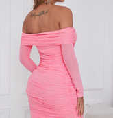 Fresh Sweet Mesh Heart-Shaped Silver Slim Fit Pleated off Neck Long Sleeve Solid Color Dress